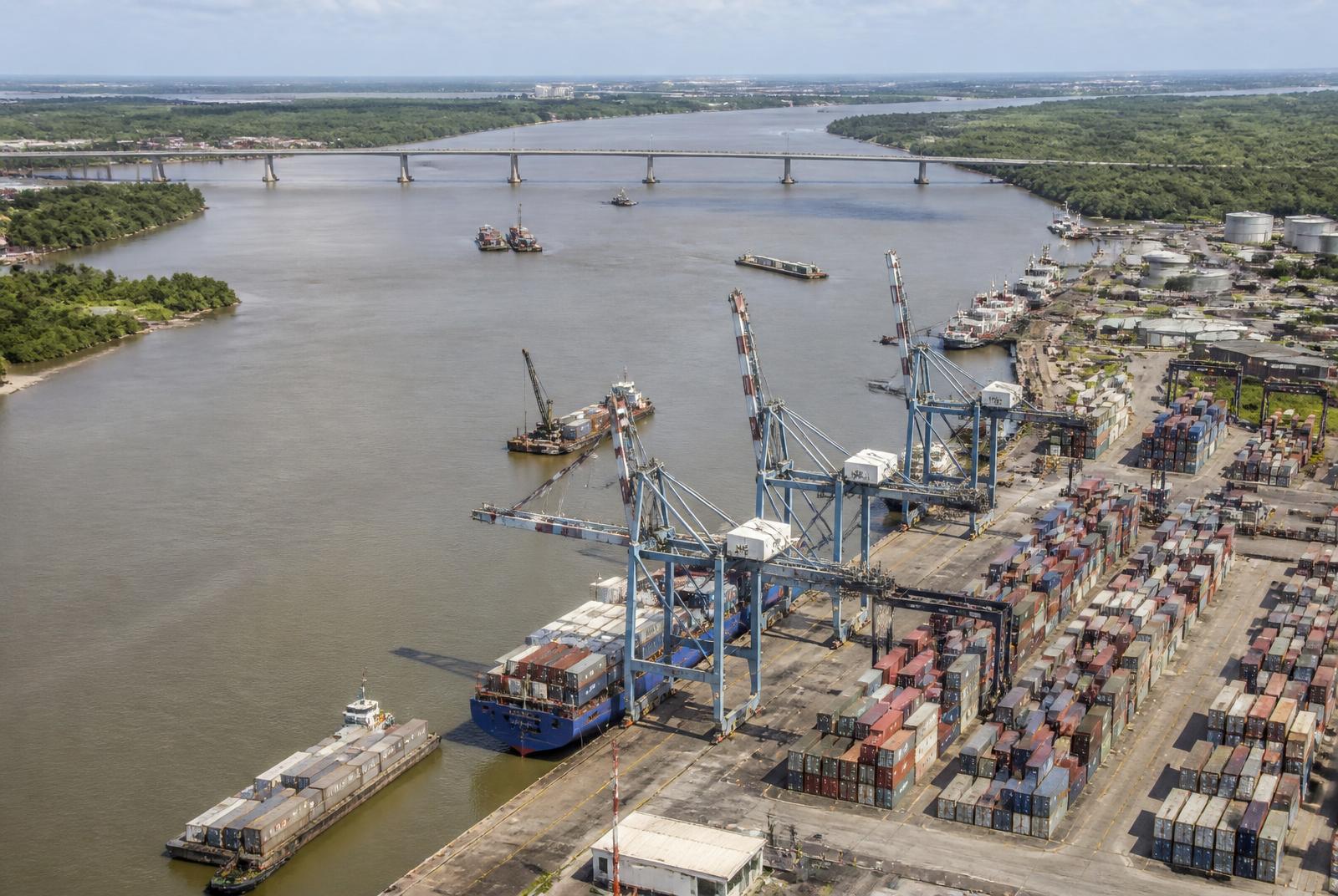 Aerial view of the Port of Douala on the Wouri river with the Wouri bridge, Cameroon