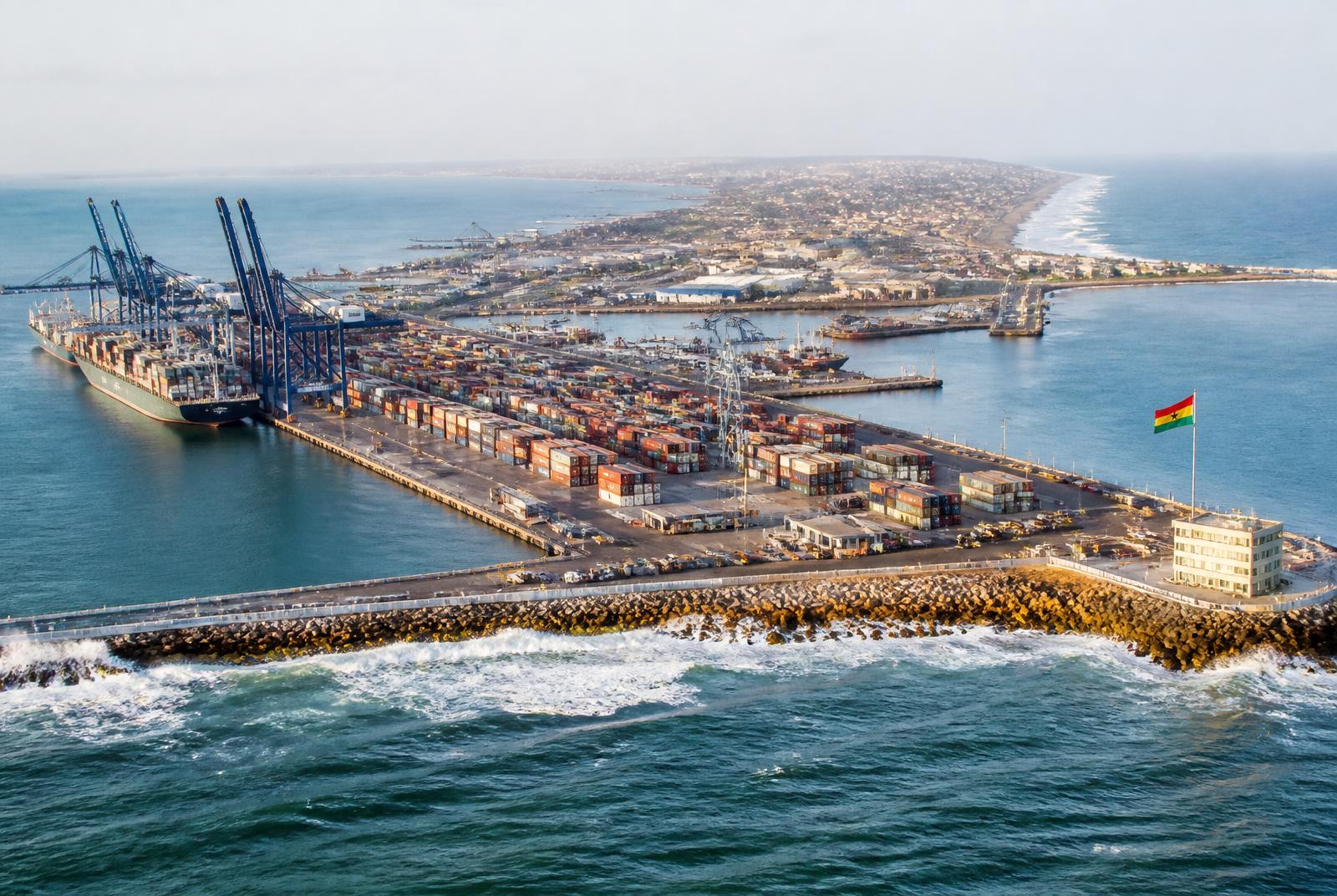 Aerial view of the Port of Tema, Ghana's main container gateway on the Gulf of Guinea