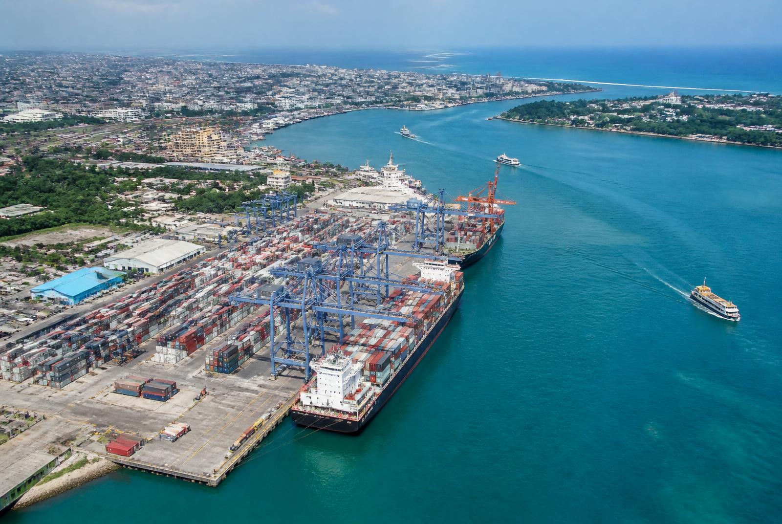 Aerial view of the Port of Mombasa on Kilindini harbour, Kenya